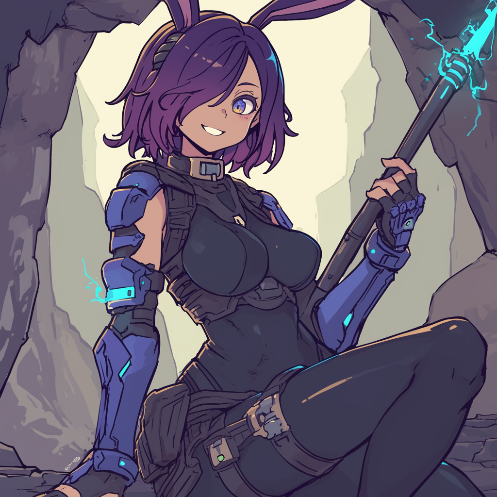 Cerise sitting with her weapon